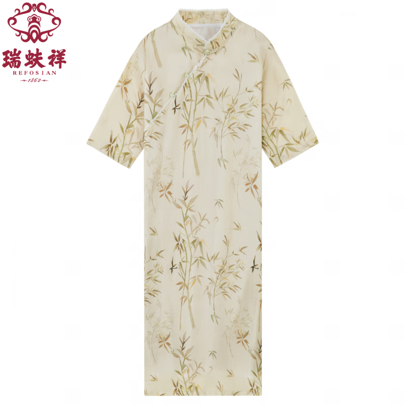 瑞蚨祥新中式改良苎麻旗袍连衣裙女新款夏季高端气质妈妈优雅礼服 杏色 L