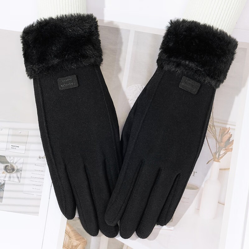 达芬奇密码 冬季保暖可爱女生日系太阳花扣加绒分指手套带触屏 立线毛口黑色