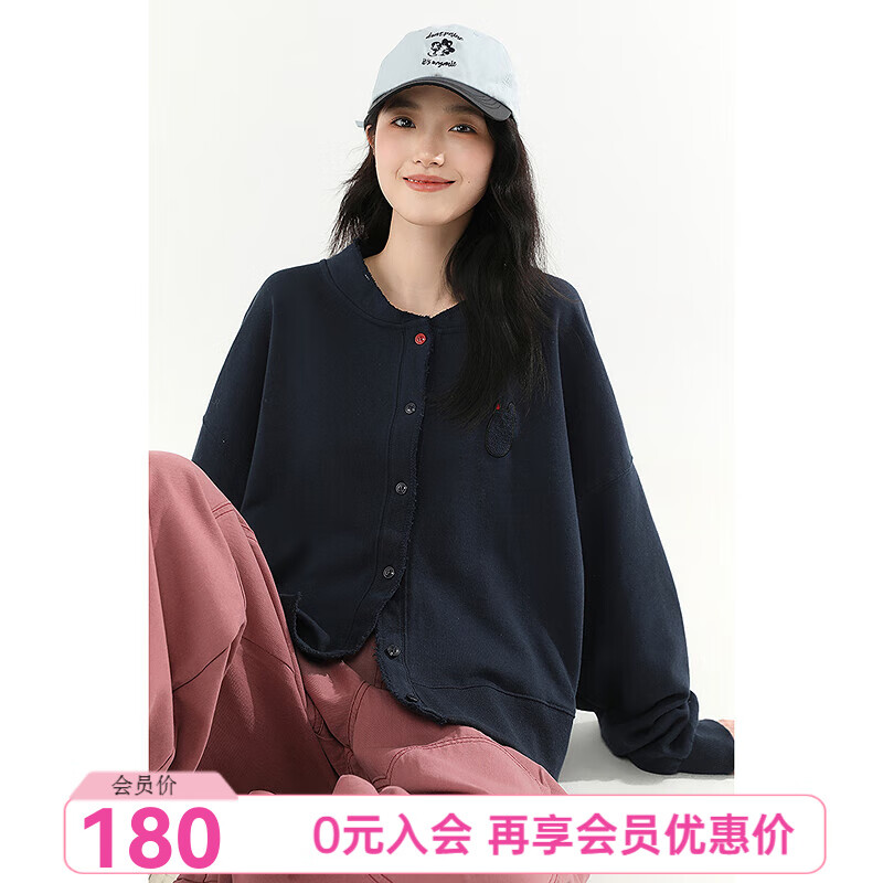 飞鸟和新酒2025秋新款时尚女装上衣短款宽松纯棉小个子绣花外套女 深蓝HRH08 M