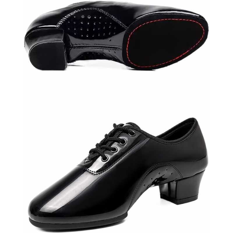 舞諾男士拉丁舞鞋軟底舞蹈鞋黑色表演比賽跳舞鞋男童國標舞恰恰練功鞋 黑亮皮[室內牛皮毛底] 26
