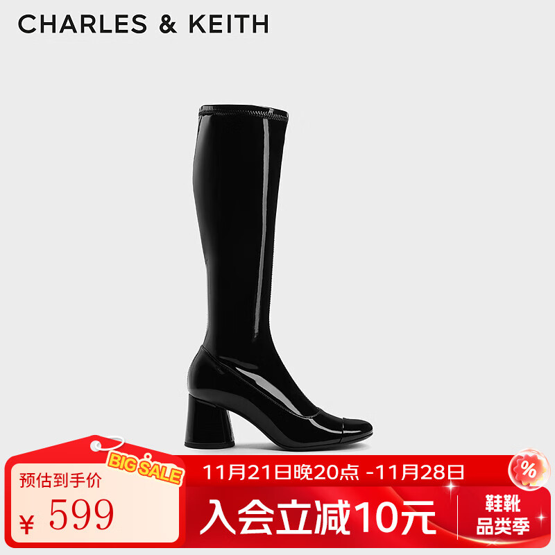 CHARLES&KEITH加絨內(nèi)里漆皮拼頭粗跟長靴瘦瘦靴女生日禮物CK1-91720014 Black Box黑色 35