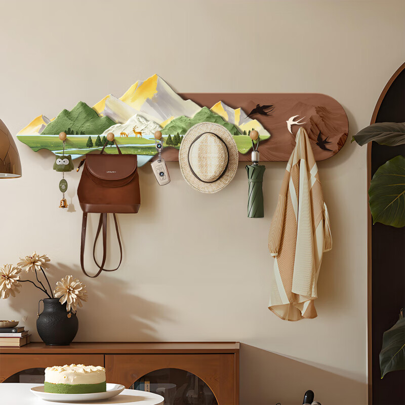 立始中古风粘钩入户进门挂衣架玄关鞋柜上面钥匙包包收纳置物架挂钩 山形绣影(70*20)