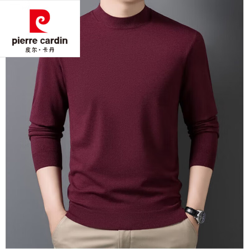皮尔卡丹（pierre cardin）秋冬毛衣男士半高领长袖羊毛衫精纺针织衫可机洗羊毛打底衫 花紫红 2XL