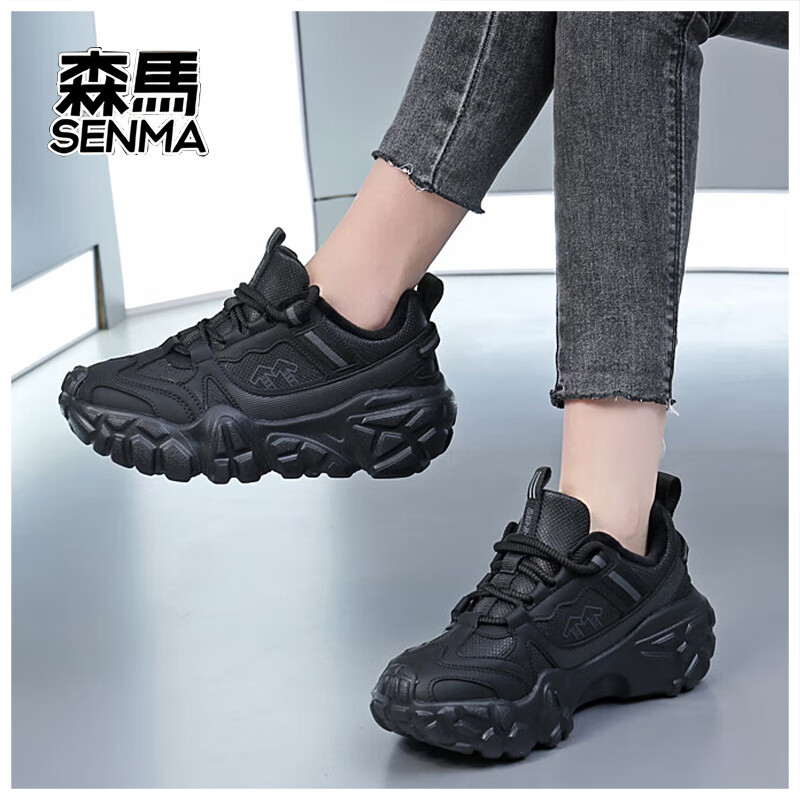 森馬新款情侣老爹鞋运动休闲跑步鞋男女款 黑武士【加绒】 39