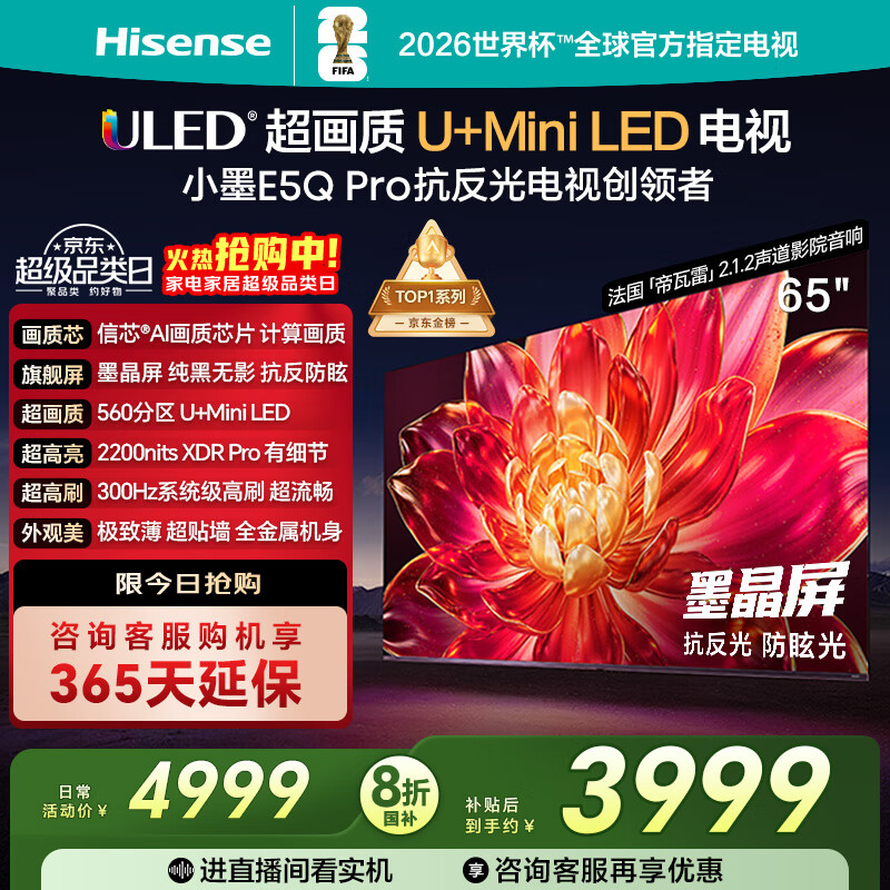 海信电视小墨E5Q Pro65英寸 560分区U+MiniLED 信芯芯片 抗反光防眩光墨晶屏 300Hz 国家补贴65E5Q-PRO