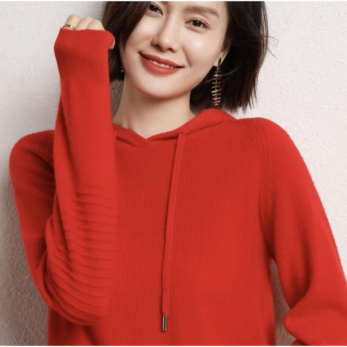 EMZ鄂尔多斯2025年春秋冬新款秋冬季带帽羊毛衫女士毛衣宽松连帽针织 中国红 中国红 S