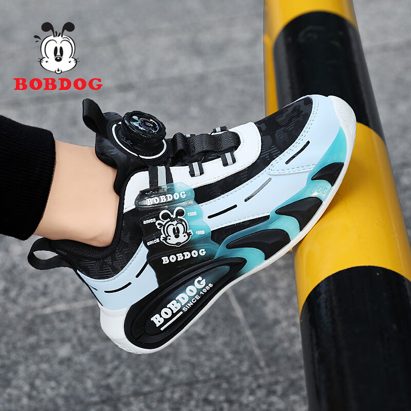 巴布豆男童鞋子6-12岁春秋季皮面防水中大童耐磨防滑运动跑步网鞋 黑月色(皮面款) 29 /鞋内长18.3cm