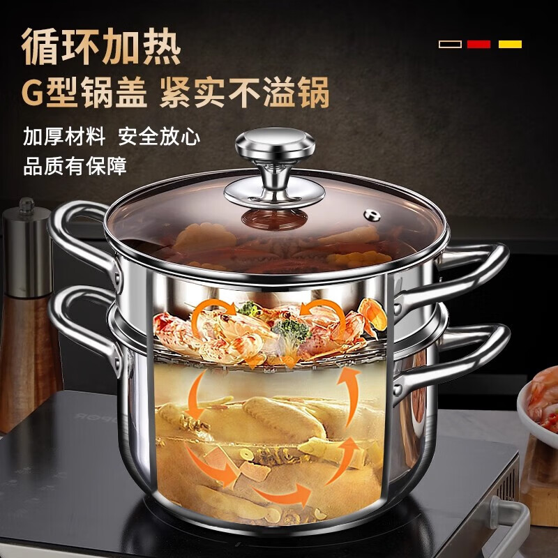 不锈钢汤锅家用特厚蒸锅一体电磁炉煲汤炖锅煮粥锅燃气双耳锅 24CM【带盖】组合加厚底