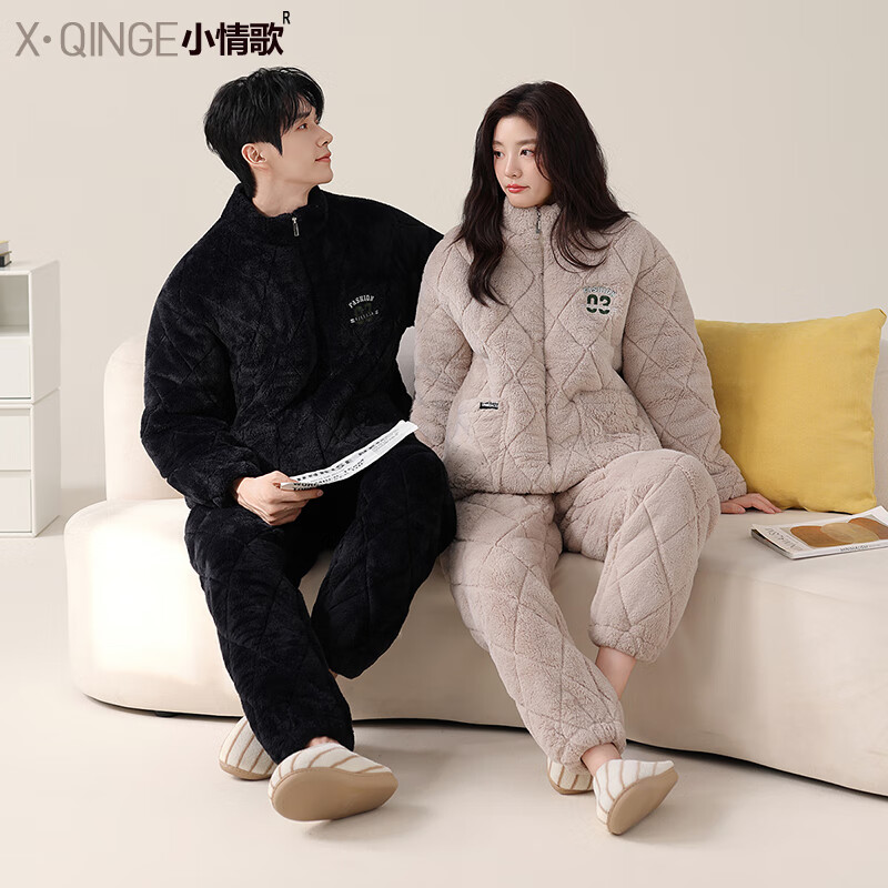 小情歌三層夾棉情侶睡衣女冬季男士居家服加厚加絨家居服保暖套裝可外穿 LS5923B女裝-LS5923A男裝(單套) 3XL 男高185-190，重180-210斤