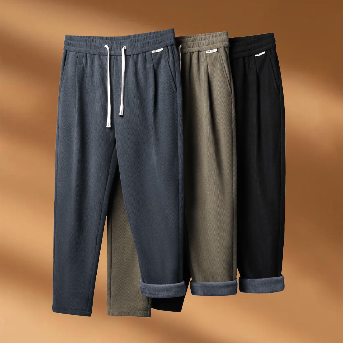 布衣传说加绒加厚重磅灯芯绒休闲裤男松紧腰抽绳柔软保暖运动小锥裤子 黑色 L