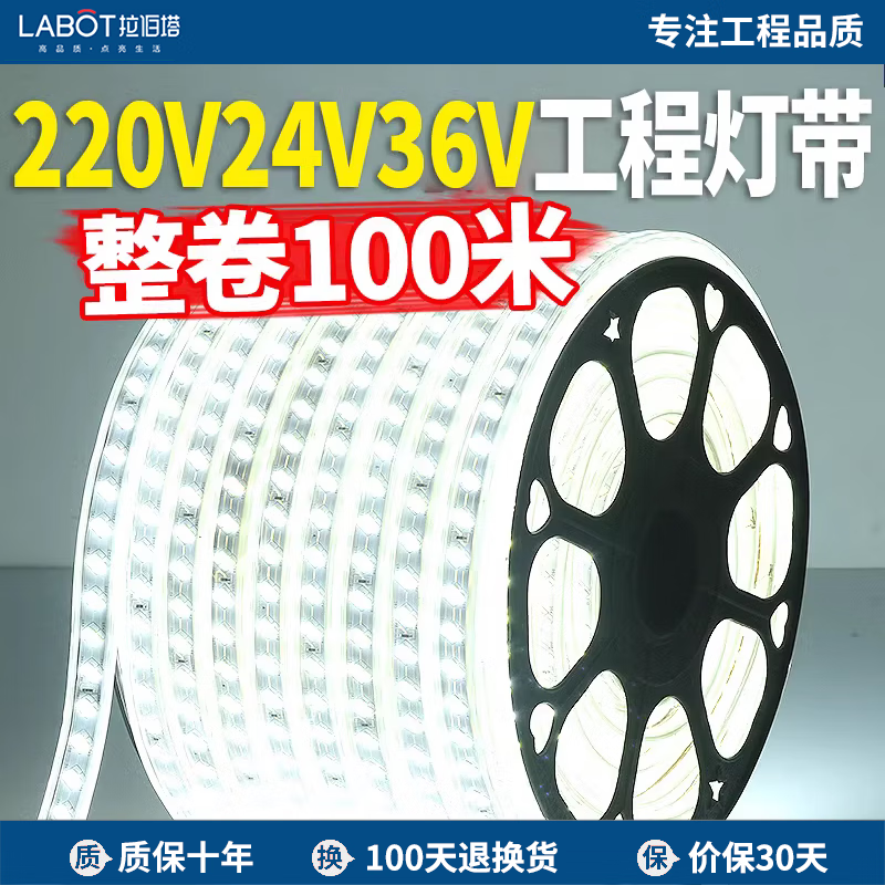 拉伯塔24v36v灯带白光低压超亮工地隧道地下室工程户外照明防水led灯条 36V-白光-72珠 【10米】