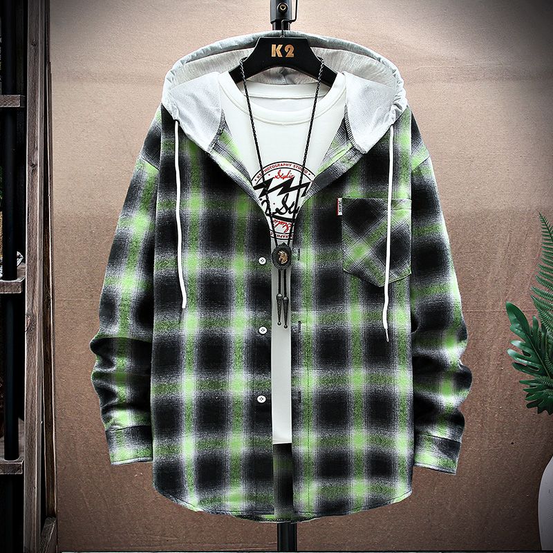 再凡漾带帽的设计感小众拼接戴帽的连帽格子衬衫男格子衬衫男潮牌长袖