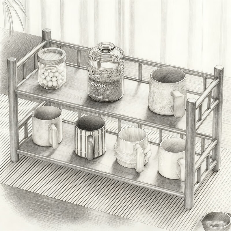 尔思家厨房置物架多层收纳架杯架桌面置物沥水架实木多功能台面水杯架 茶色双层40cm