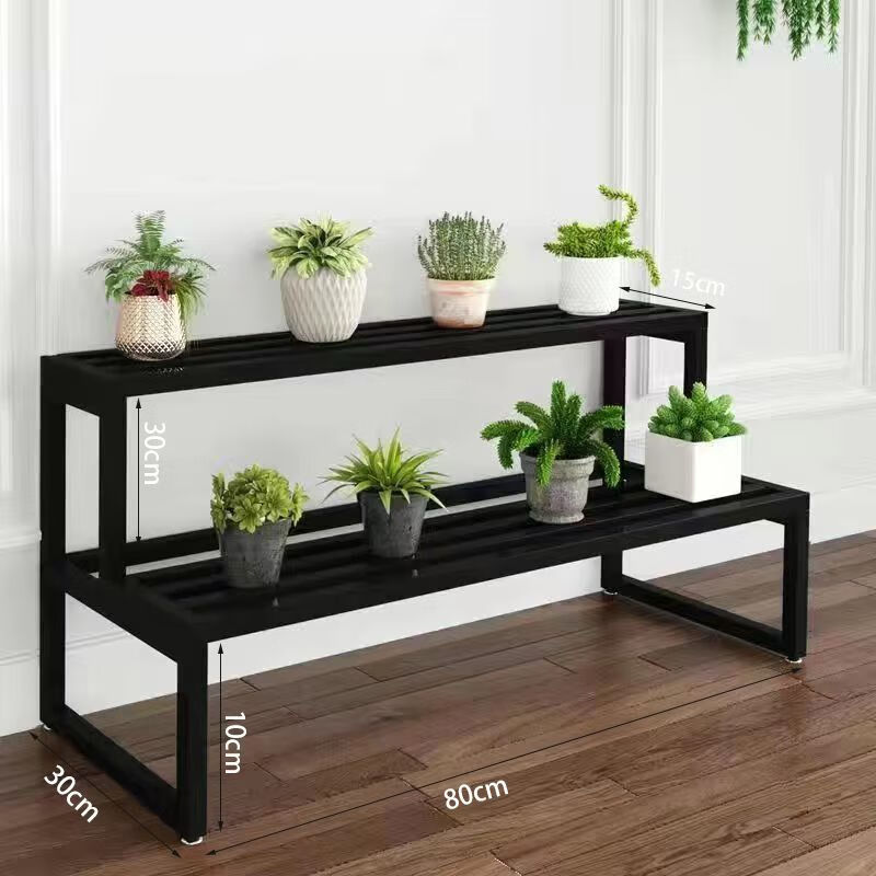 欣慕雅阳台花架子落地式多层阶梯式防水防锈庭院多肉室内室外铁艺花架 黑色【2层80长】加粗加厚