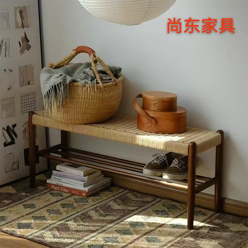 舒怡然实木家用门口穿鞋凳中古风入户玄关鞋柜一体穿鞋凳 原木色 50cm