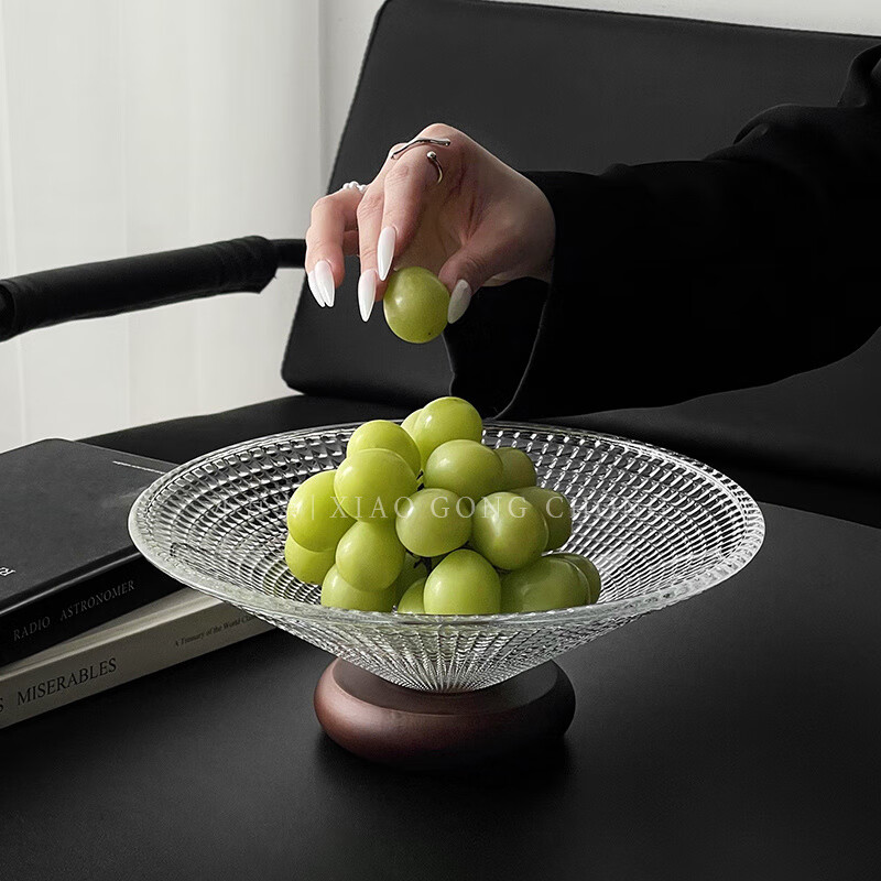 WCZ德国水果盘高档轻奢玻璃客厅高级茶几干果盘家用前台糖果盘子坚果 黑脚-格纹水果盘【2只装】