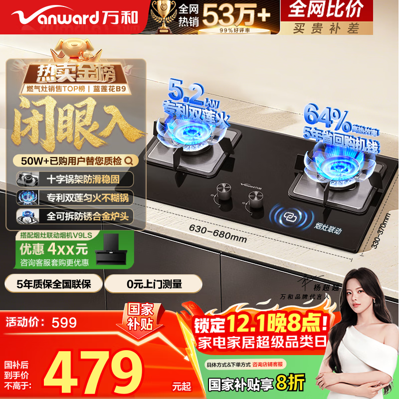 万和（Vanward）【蓝莲花B9·5.2kW】天然气燃气灶猛火烟灶联动以旧换新国家补贴20%嵌入式家用煤气双炉具台B9L50