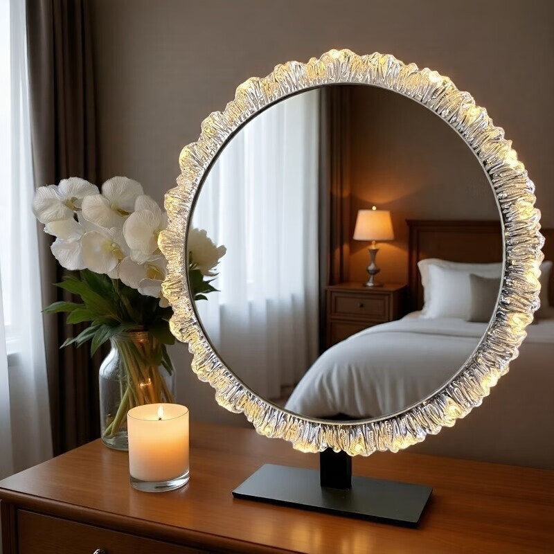 欣慕雅新款轻奢台式化妆镜挂壁网红led智能梳妆镜三色变光梳妆台化妆镜 中号43(黑色底座) 三色变光压克力+立式