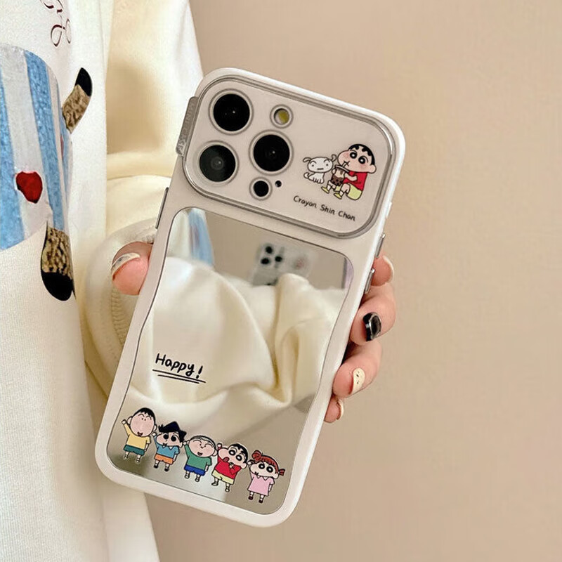 八脚兽日系卡通蜡笔小新镜面苹果17Promax手机壳iPhone16Pro新款15防摔14女款小众13硅胶带镜头膜全包壳 日系卡通可爱小新镜面壳 iPhone 13 Promax