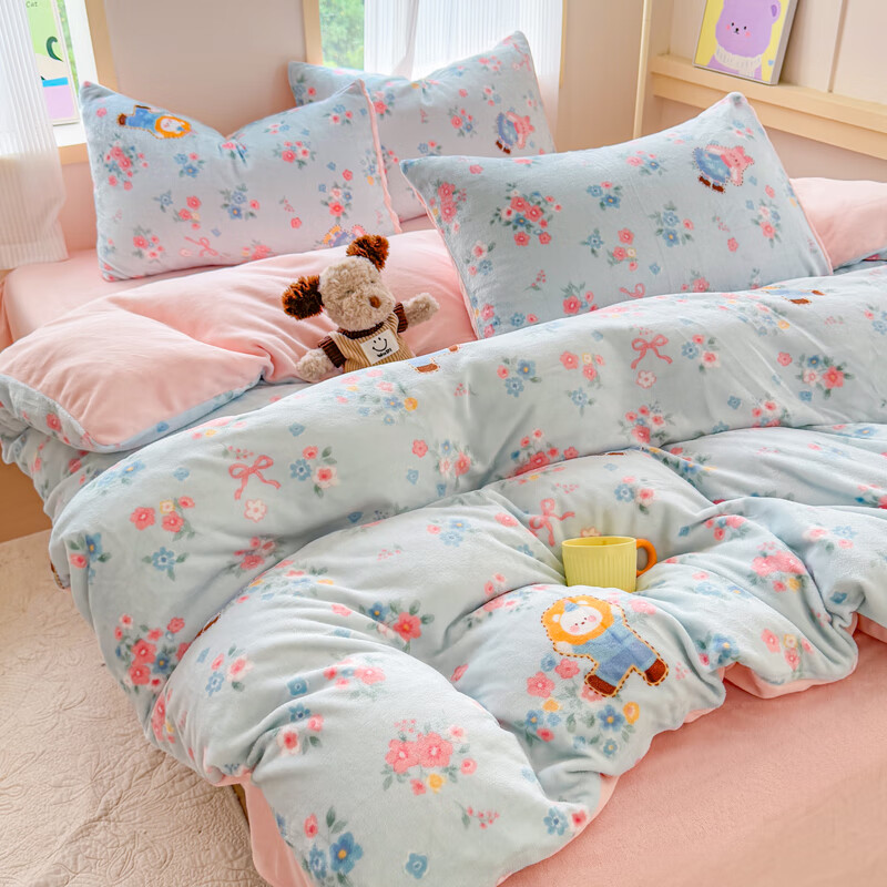 伊路卡新款牛奶绒四件套秋冬季保暖珊瑚绒床上用品儿童被套床单 一帘幽梦 1.8米床 四件套 床单款 （被套200*230cm）