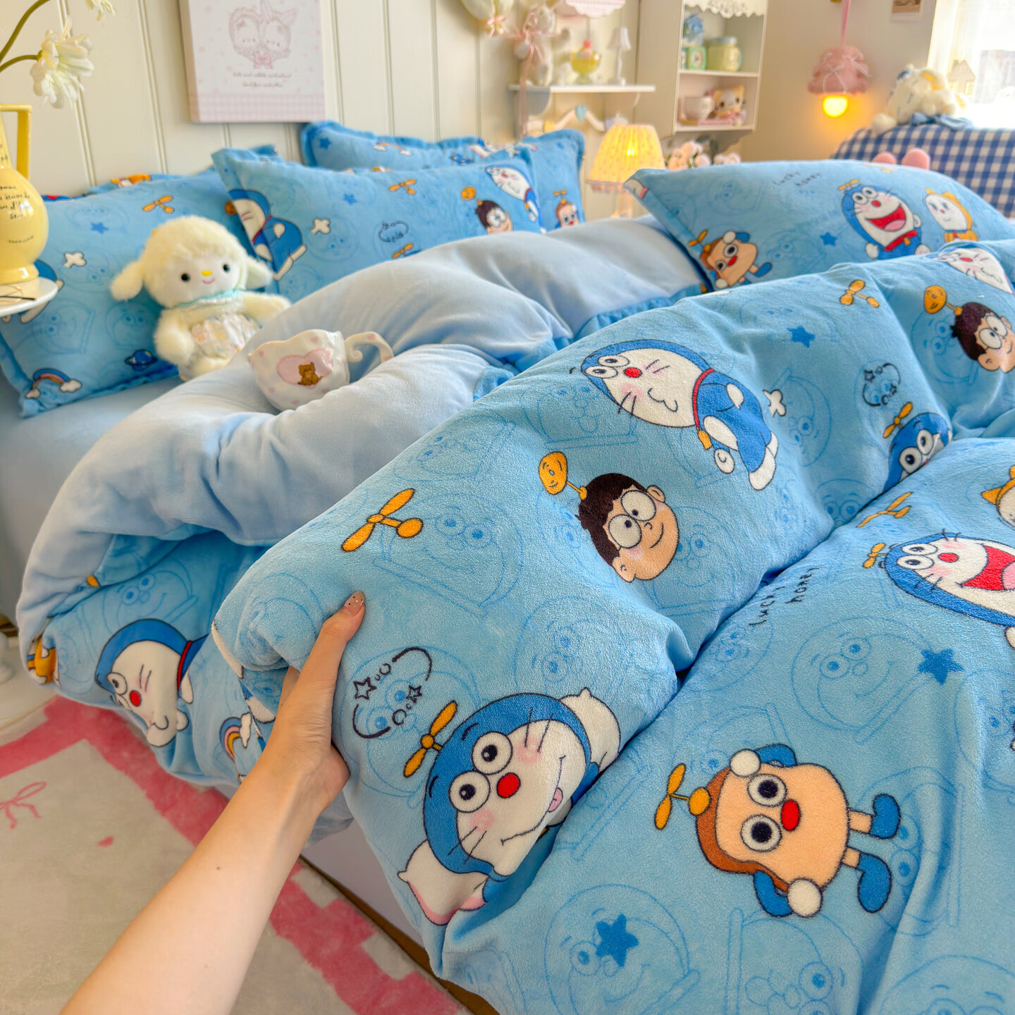 VJE可爱卡通牛奶绒四件套加绒加厚冬季珊瑚绒被套被罩宿舍床单三件套 童年蓝猫 150x200cm单被套