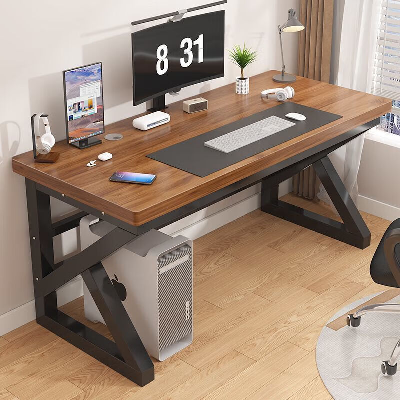 倘然之家电脑桌台式卧室家用学生学习书桌简易成人办公桌长方形桌子工作台 黑胡桃桌面实木+K型黑色架子 80*60*75cm-2.5mm厚