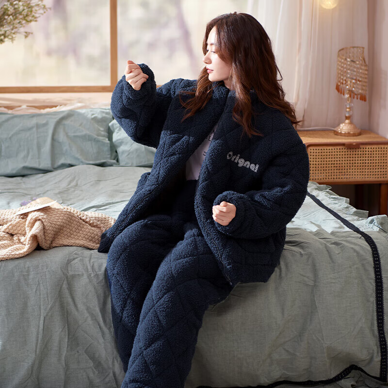 芬腾【清仓】情侣珊瑚绒夹棉睡衣女士冬季三层加厚男抗静电家居服套装 FX25950395深兰【单女款】 M 建议:女92-110斤,男105-126斤