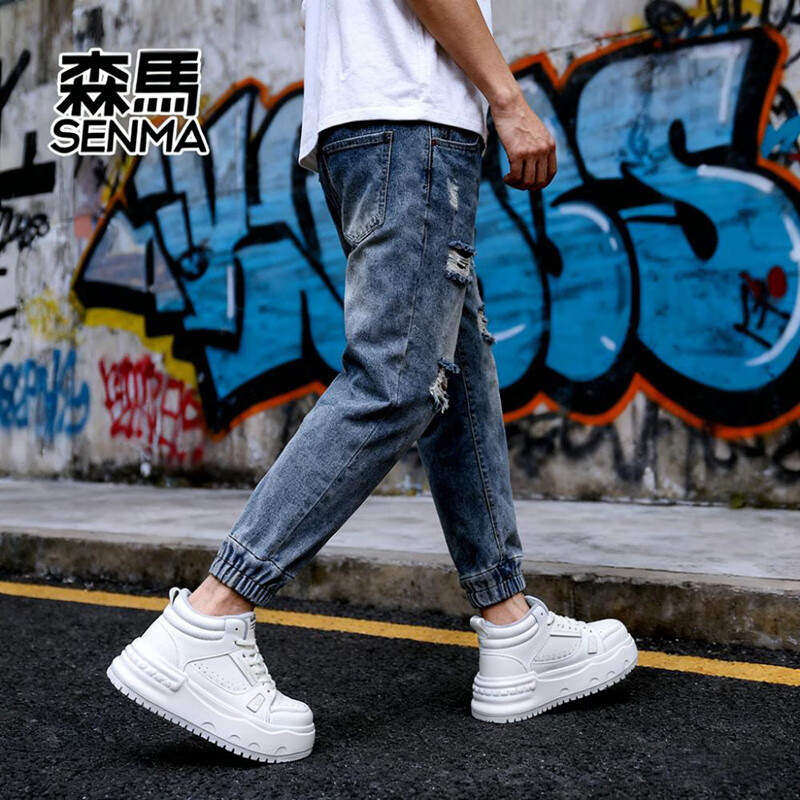 森馬男士新款高帮休闲运动鞋百搭时尚潮流款板鞋 白色【加绒】 42