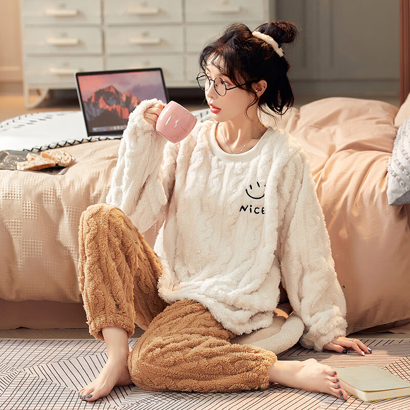 雅鹿男士睡衣秋冬季加绒加厚情侣款可外穿保暖防寒男女家居服套装 白棕（女款） M