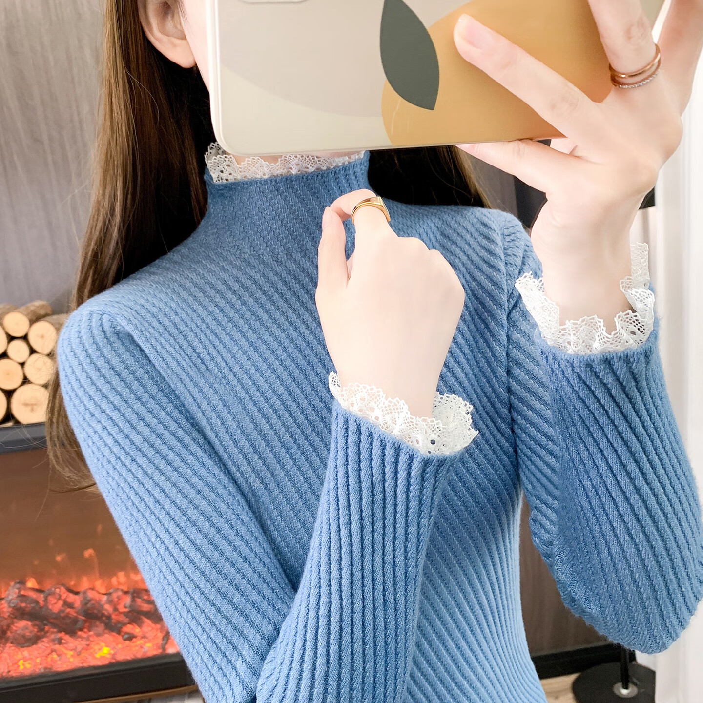 香影芬半高领蕾丝毛衣打底衫内搭女款2025新款穿搭上衣秋冬季白色针织衫 紫色 S (建议95斤以内) 