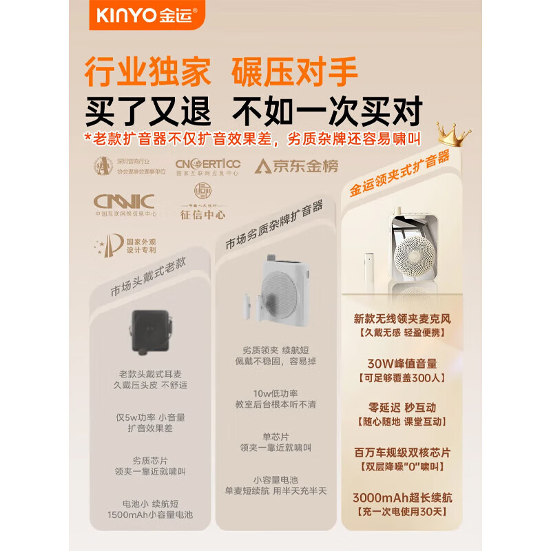 金运【名师推荐丨超大音量】小蜜蜂扩音器教师专用教学讲课防啸叫无线领夹麦导游户外讲解便携喇叭 热销【零啸叫无线领夹麦】黑
