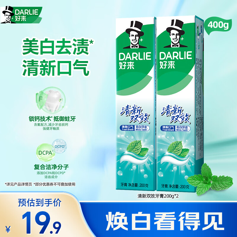 DARLIE好来(原黑人)清新双效牙膏去口气去渍固齿2支400g