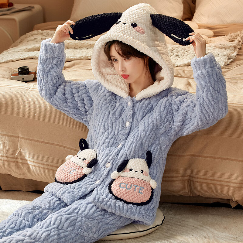 chunnian女士睡衣女冬季保暖珊瑚绒加厚加绒三层夹棉法兰绒带帽家居服套装 XEQN-2385【外套+裤子】 L