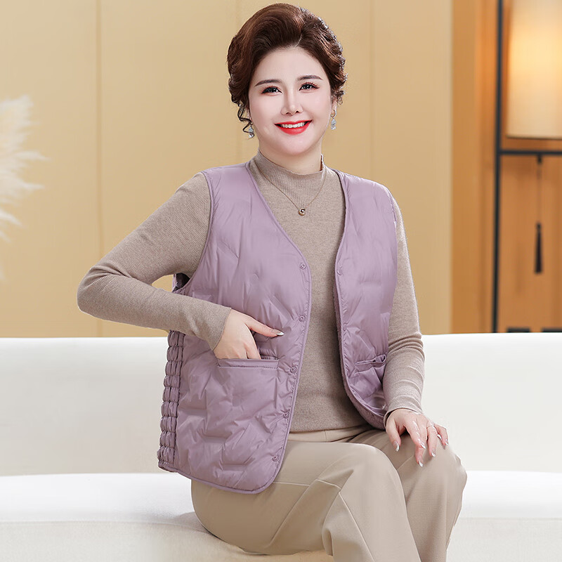 榄舍胖太太羽绒马甲女秋冬季新款内穿外搭保暖背心坎肩中老年妈妈马夹 浅紫色 5XL （建议160-180斤）