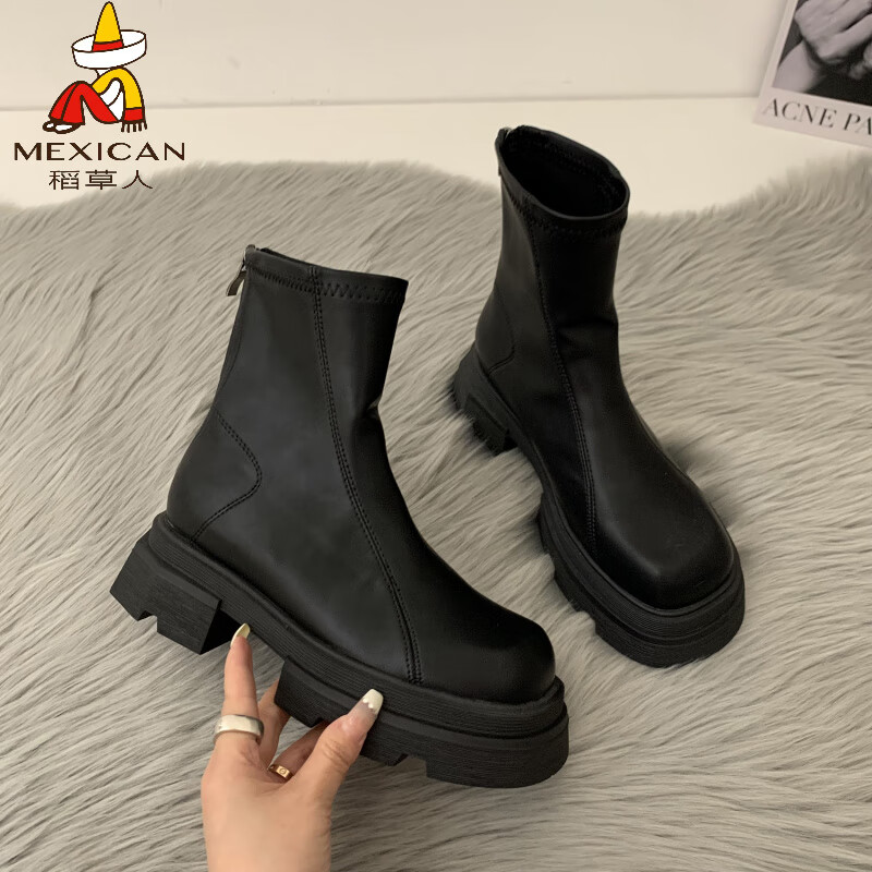 稻草人（MEXICAN）小香风厚底白色方头马丁靴女2026春秋新款韩系高跟瘦瘦真皮小短靴 黑色 35