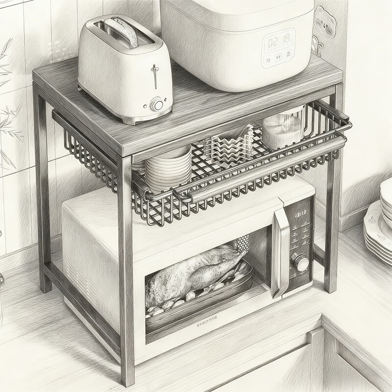 尔思家微波炉支架厨房台面置物架双层收纳烤箱支架多功能台面电饭煲锅架 黑架+胡桃色【抽屉款】