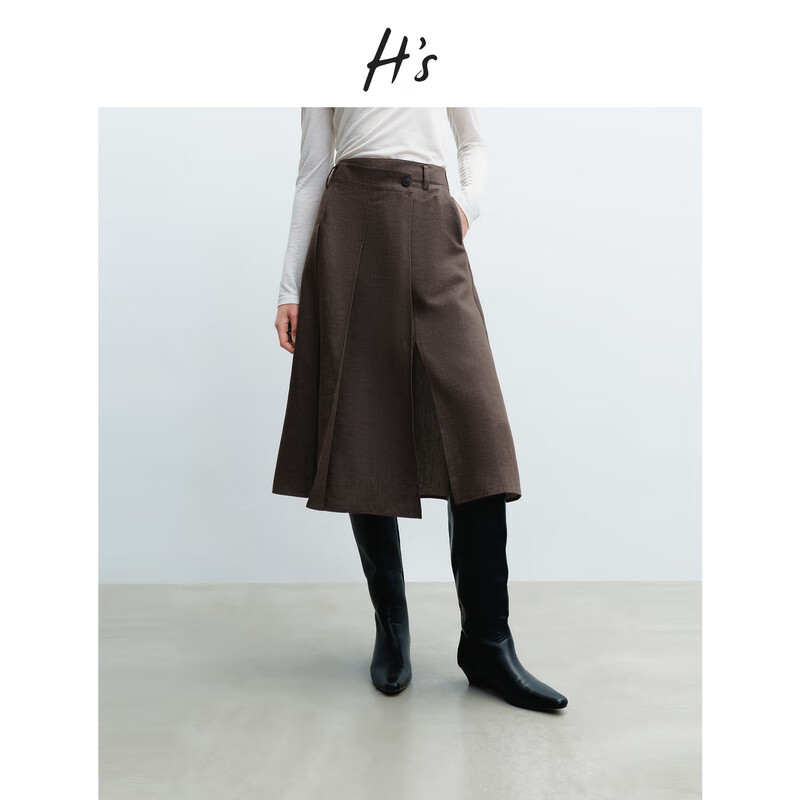 H's咖色半身裙女26春新款高级设计感莱赛尔亚麻混纺不对称A字腰裙 摩卡咖 L