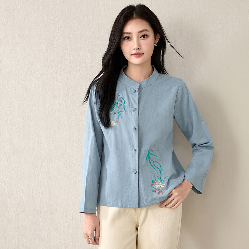 子牧棉麻春装 女中国风立领刺绣衬衫复古盘扣长袖茶服宽松上衣8889 蓝色 2XL (建议125-140斤)