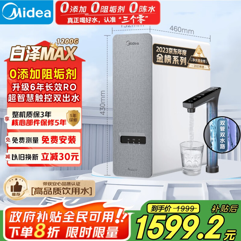 美的（Midea）【白泽Max 1200G】0阻垢剂净水器国家补贴家用 6年RO反渗透厨下式直饮过滤净水机 触控屏双出水