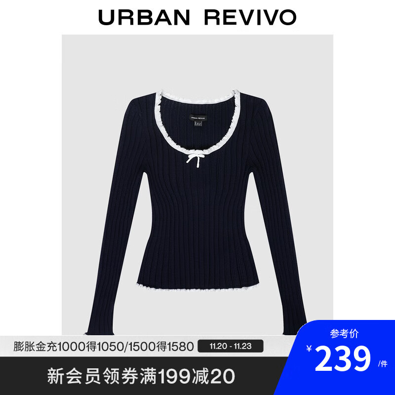 UR2025秋季新款女装撞色木耳边蝴蝶结长袖针织衫UWM950134 藏青 M