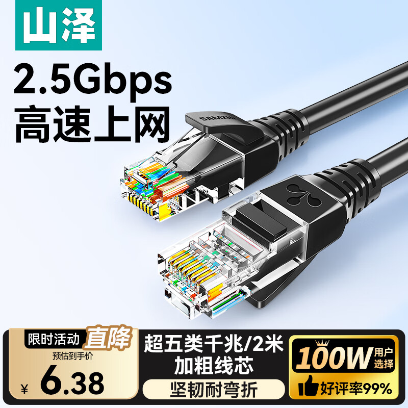 山泽(SAMZHE)超五类网线 CAT5e类高速千兆网线 2米 工程/宽带电脑家用连接跳线 成品网线 黑色 SH-1020