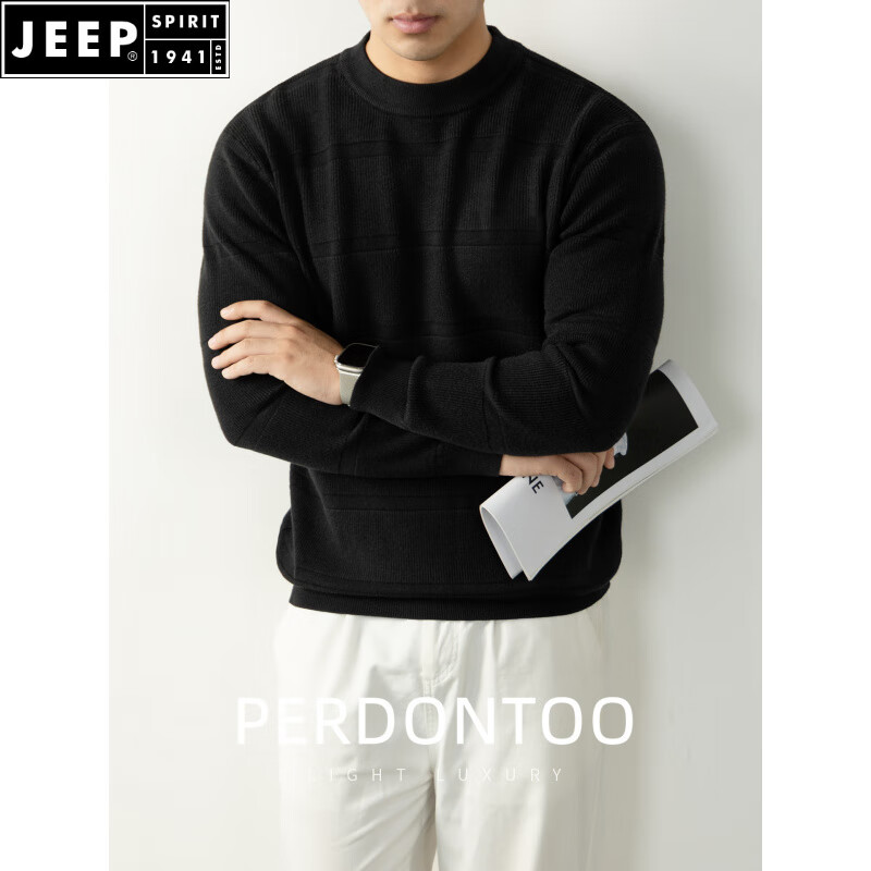 JEEP SPIRIT【羊毛莱赛尔】高端毛衣男2026秋冬季厚款条纹提花针织衫商务休闲 黑色 M