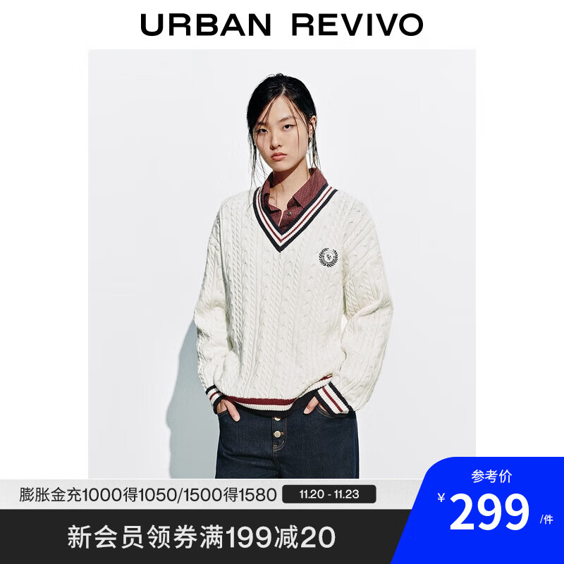 UR2025冬季新款女装学院风绞花肌理V领针织衫UYY950127 本白 S