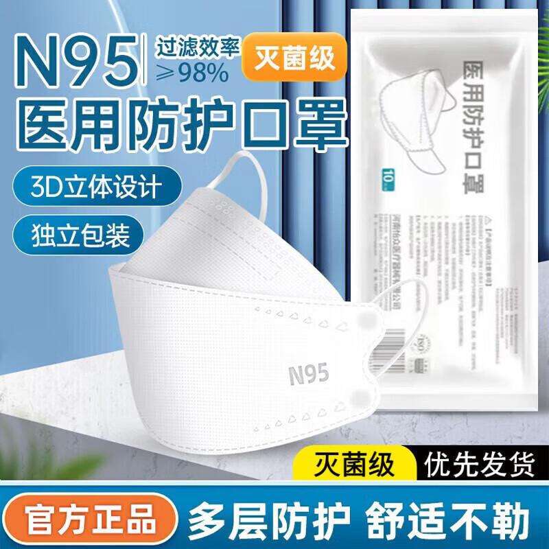 卫士立 成人医用n95口罩独立包装防病毒飞沫一次性白色3d立体防护口罩 白色-N95柳叶型（80支 独立装）