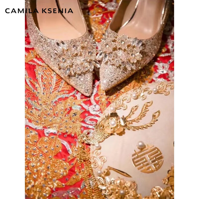 CAMILA KSENIA高跟鞋女士2026年新款夏季休闲百搭婚鞋香槟色秀禾婚纱两穿新娘鞋 香槟色-细跟6.5厘米 37