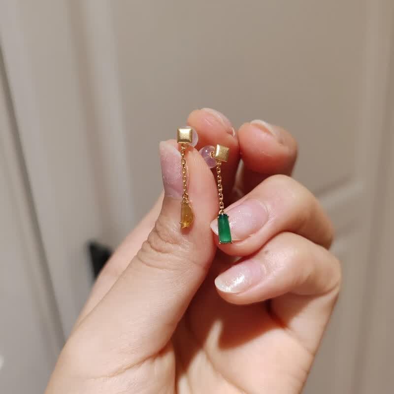时岛镀18k金耳饰  仿翡翠流苏不对称耳钉耳坠小清新简代 耳钉一对