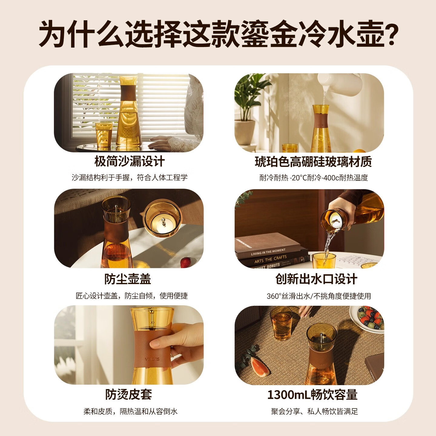 VISIONS康宁鎏金冷水壶耐热玻璃家用白开水杯果汁花茶壶大容量1.2L礼盒装 【超划算】康宁-鎏金水壶（单壶）+钻石水杯(4件套）