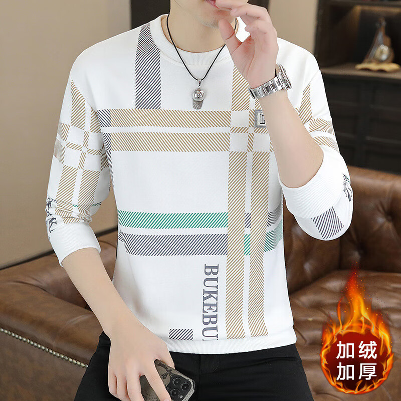 【2025新款】卫衣男秋冬季潮流修身加绒加厚保暖圆领长袖卫衣yzj 白色 （加绒加厚） L （建议115-135斤）