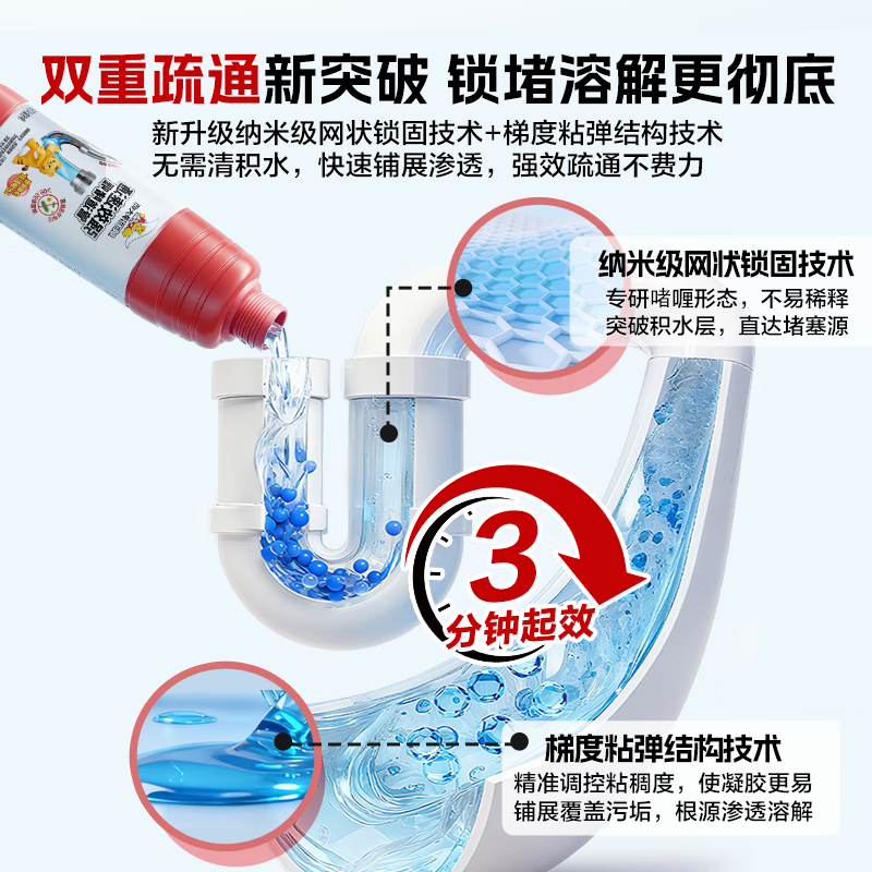 威王管道疏通剂啫喱 强力溶解厕所马桶下水道厨房地漏浴室除臭400g 【囤货推荐】3分钟速通 400g*3