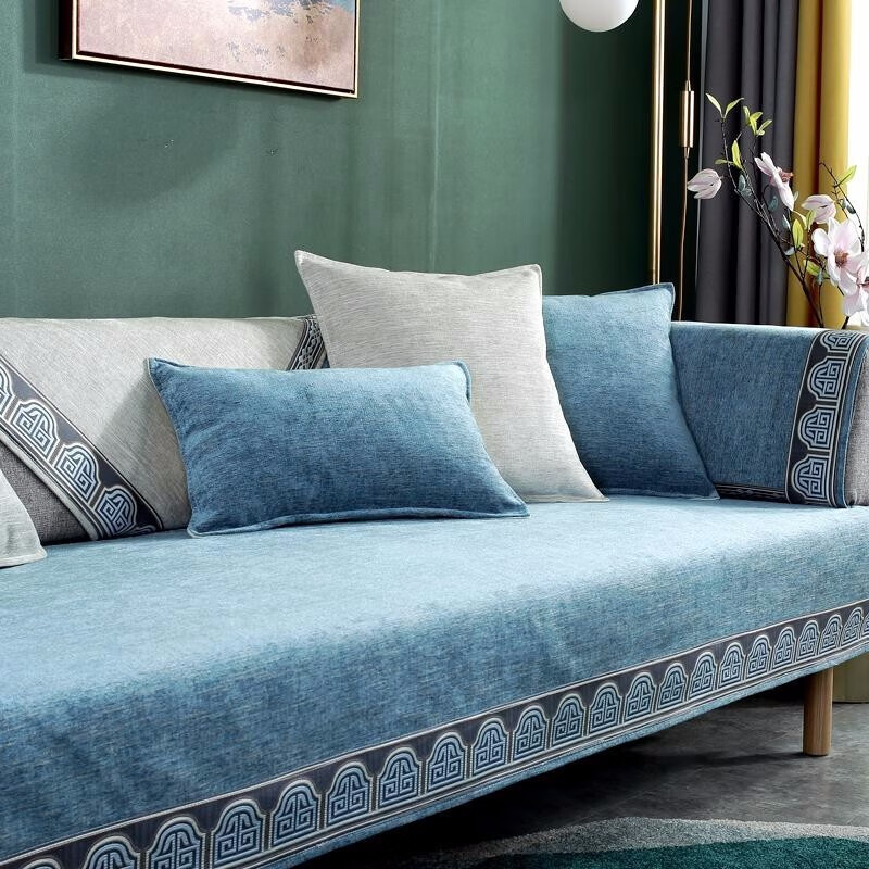 沙发垫四季通用防滑布艺坐垫新中式简约现代全包客厅沙发套罩定做 代尔夫-孔雀蓝 70*70